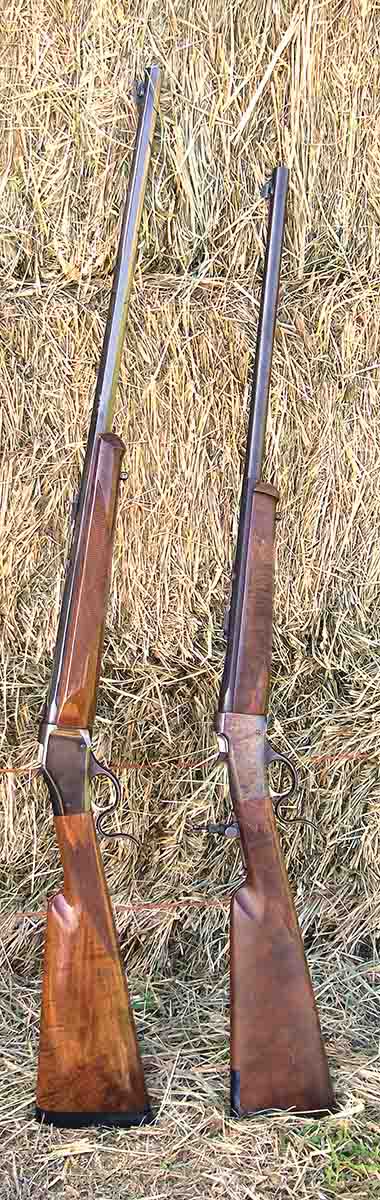 Pictured are a Browning High Wall .45-70 (left) and a Low Wall Traditional Hunter .45 Colt (right) manufactured by Miroku in Japan.